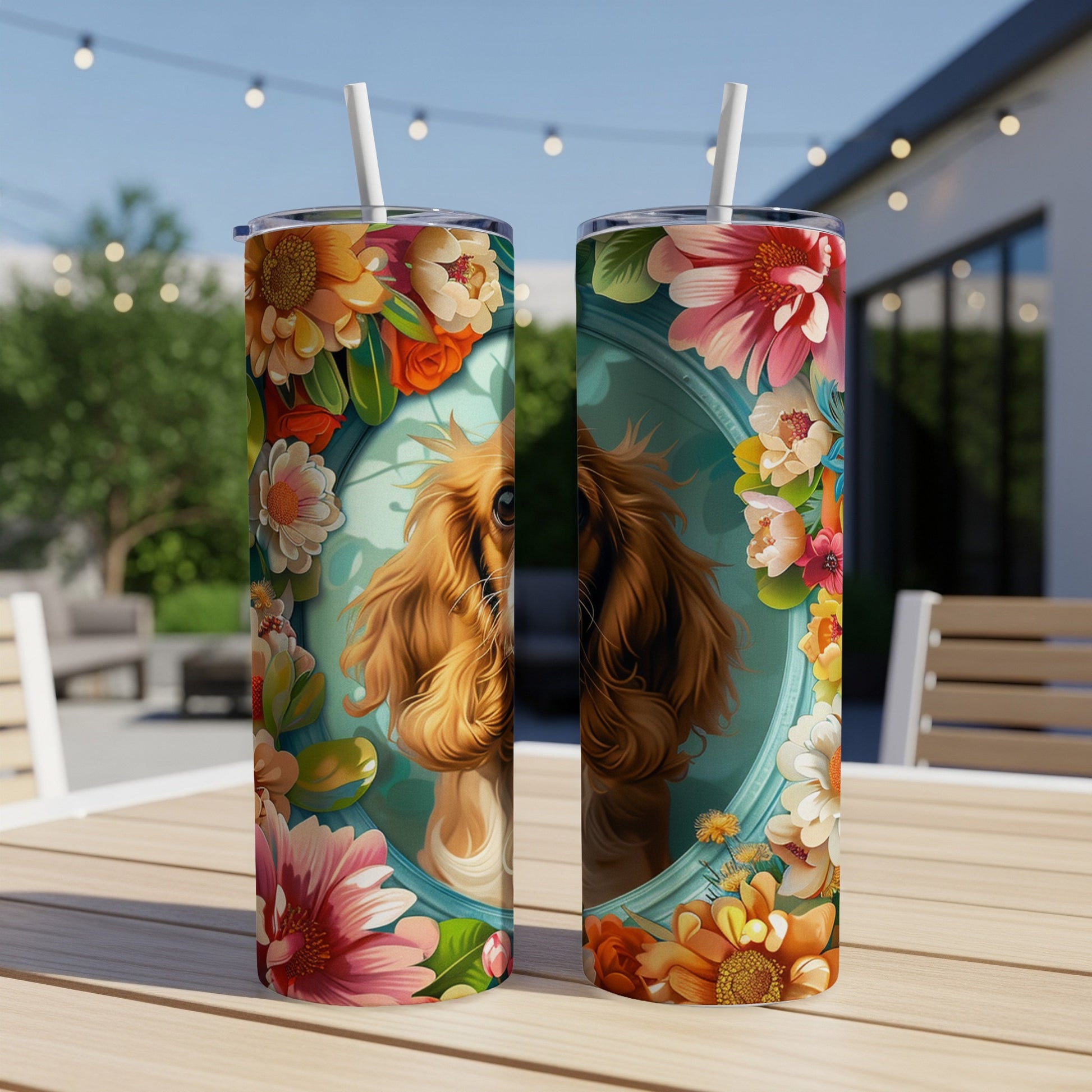 Two tumblers featuring a dog surrounded by colorful flowers and a light blue oval frame.