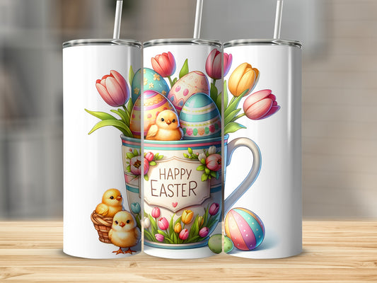 Mug with Easter eggs, tulips, and chicks, text "Happy Easter."