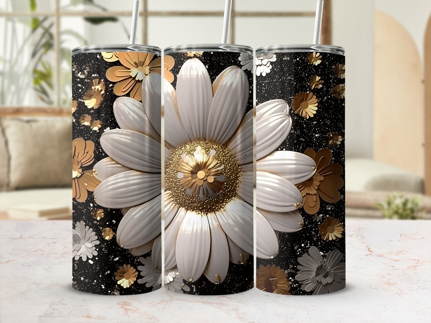 Floral tumbler with white and gold flower design on black background.