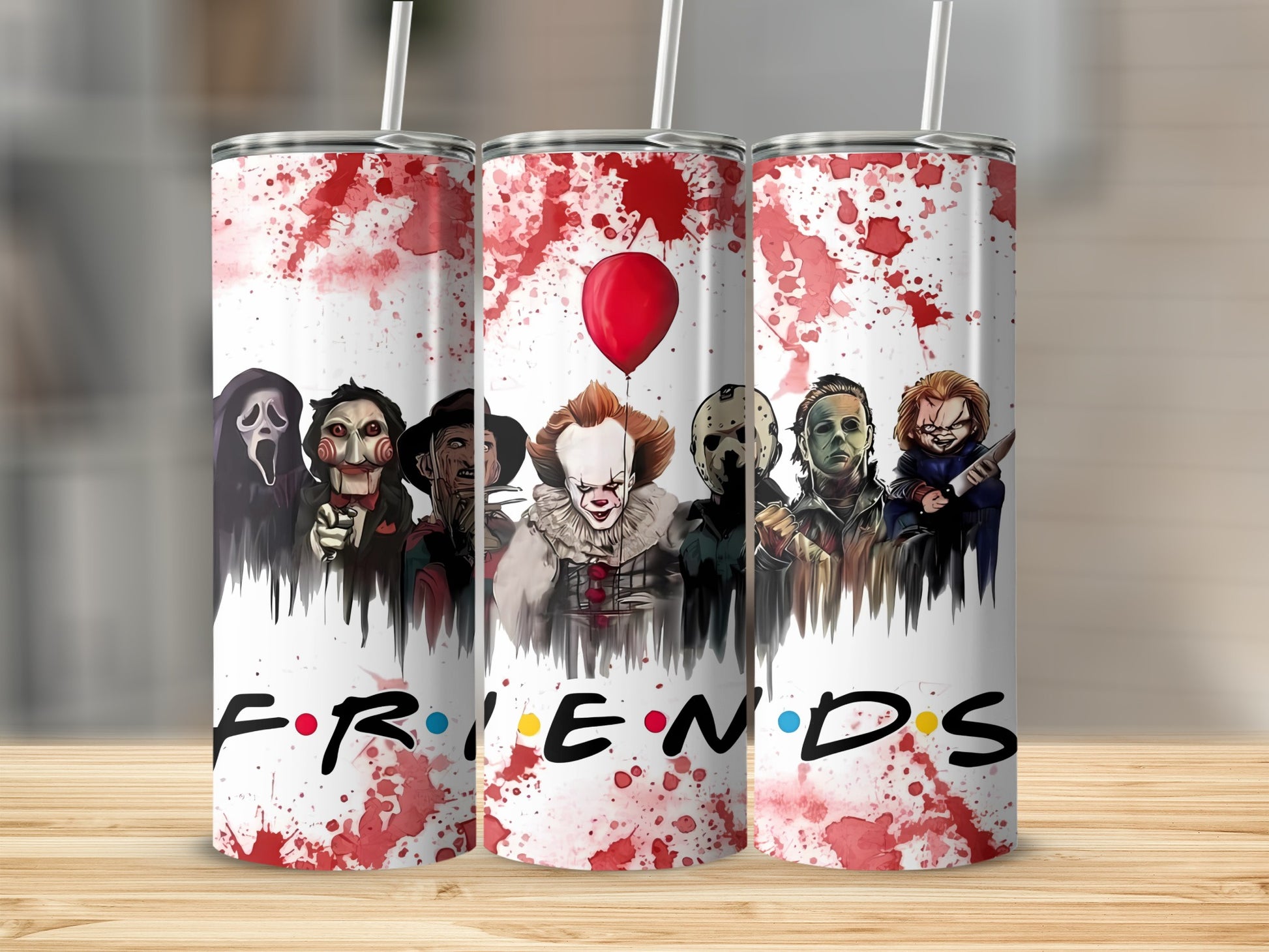 Horror characters with red splatters and "FRIENDS" logo on tumblers.