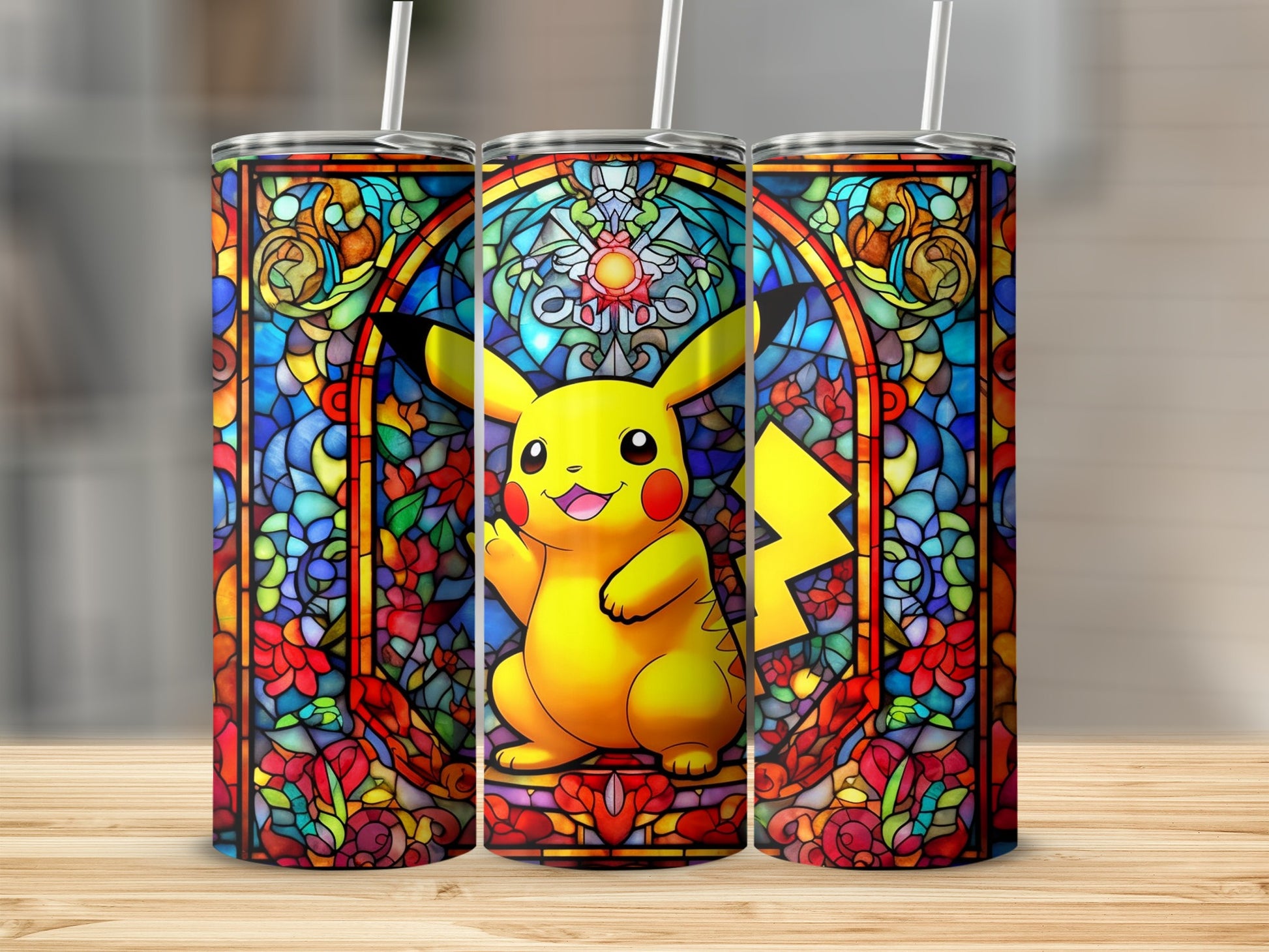 Colorful Stained Glass Pikachu Tumbler with Straw Lid