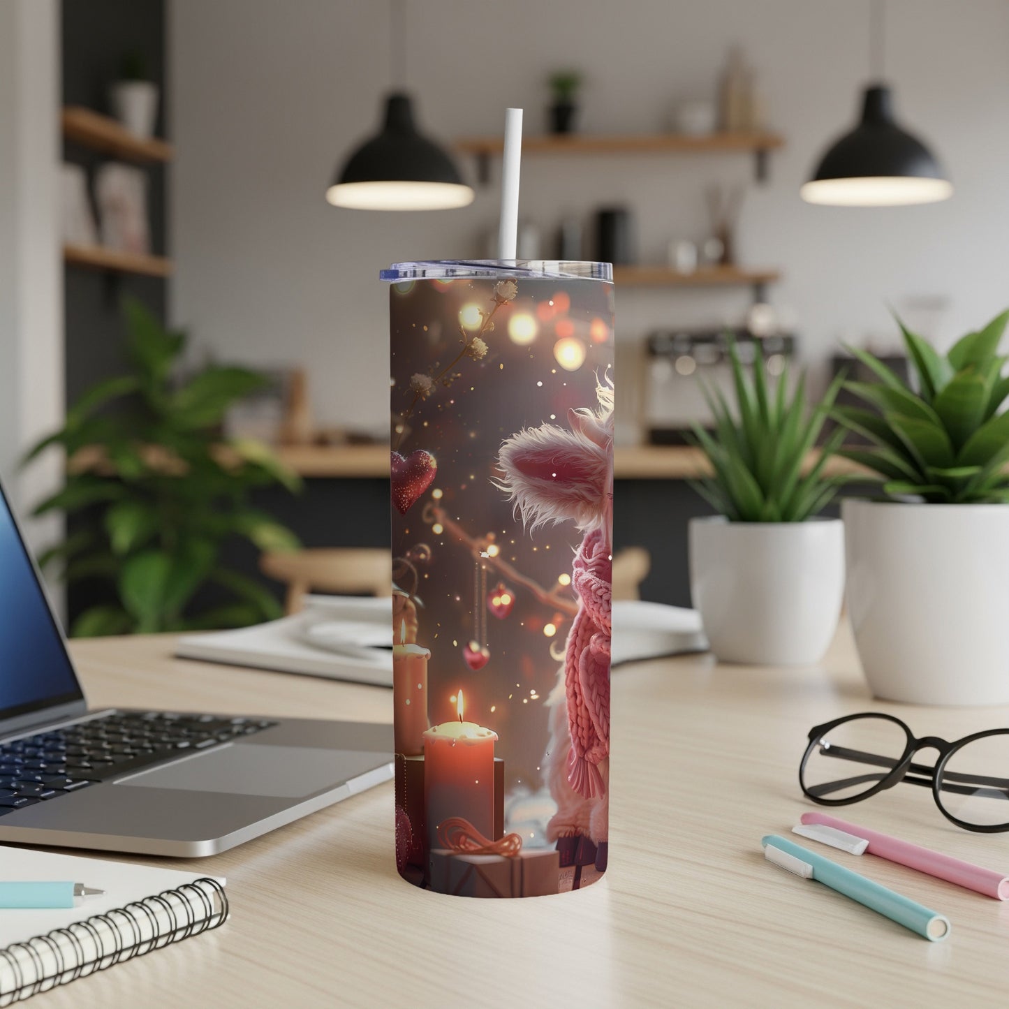 Festive tumbler with bunny and hearts, perfect for Valentine's Day.