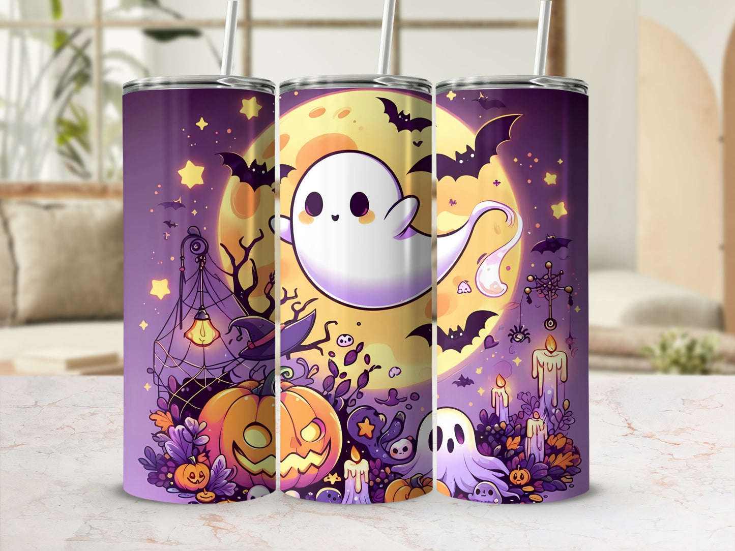 Three tumblers with Halloween ghosts, bats, pumpkins, and candles on a purple background.