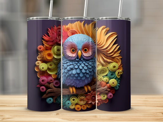 Triptych of tumblers featuring a blue owl illustration surrounded by colorful paper flowers.