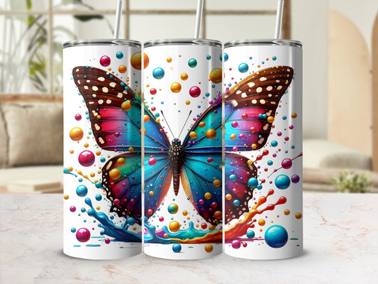 Three tumblers featuring a vibrant butterfly design with colorful bubbles.