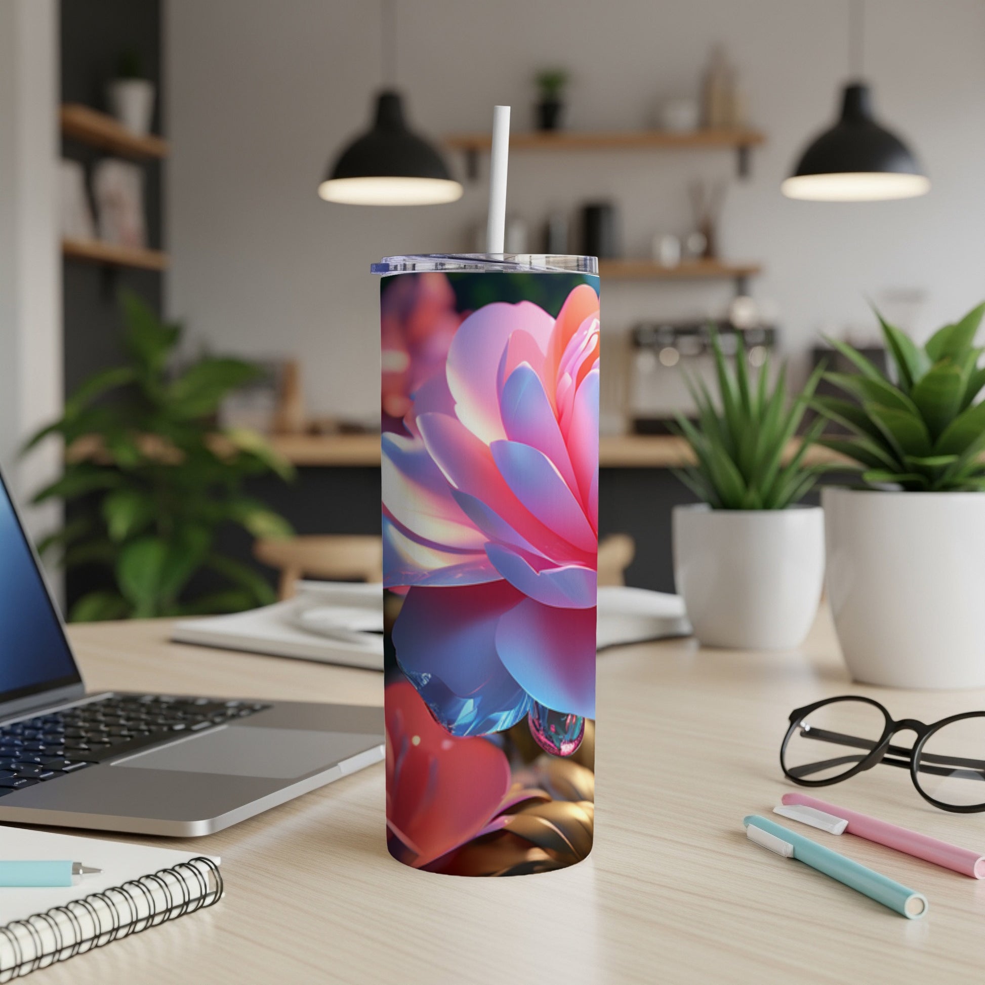 Pink and blue flower design on a stainless steel tumbler with a straw.