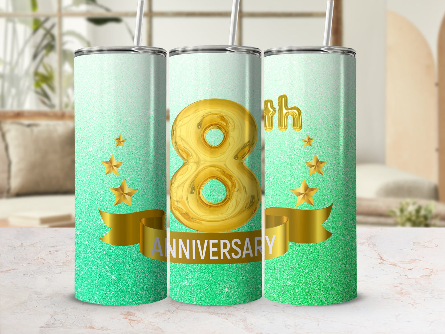 Green glitter tumbler with gold "8th Anniversary" text and stars.