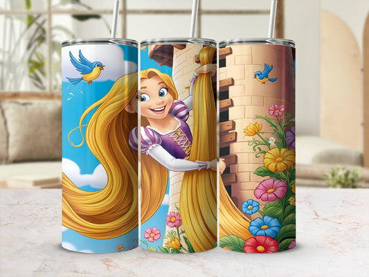 Rapunzel, the cartoon character, on a colorful tumbler with flowers.
