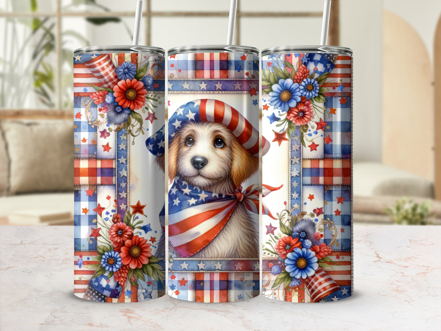 Puppy in patriotic bandana and hat, surrounded by flowers and plaid pattern.