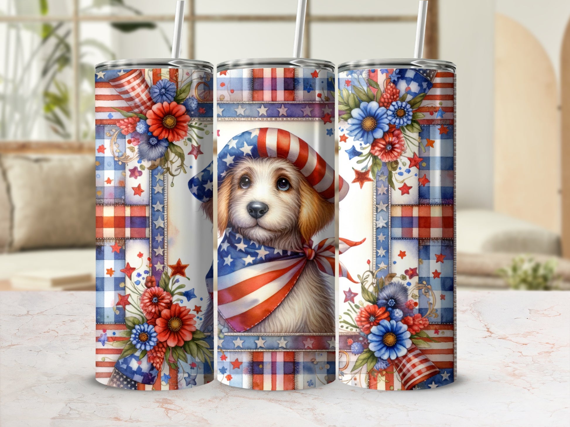 Puppy in patriotic bandana and hat, surrounded by flowers and plaid pattern.