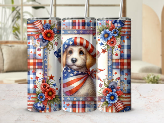 Puppy in patriotic bandana and hat, surrounded by flowers and plaid pattern.