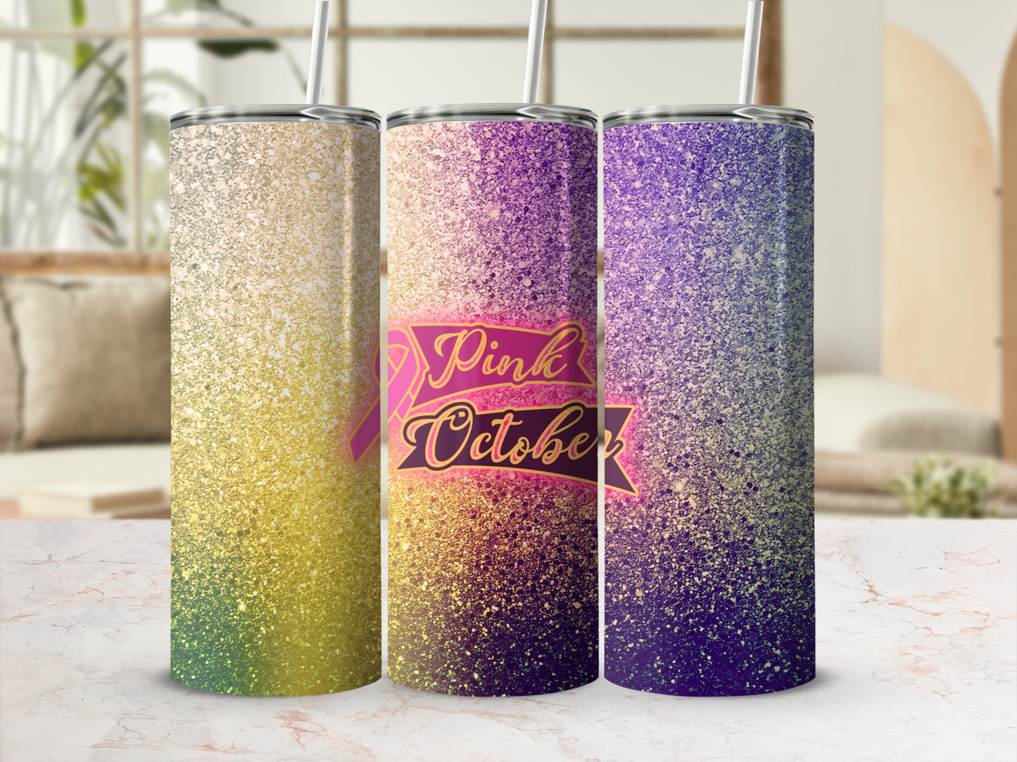Three glitter tumblers, two with "Pink October" text and pink ribbon.