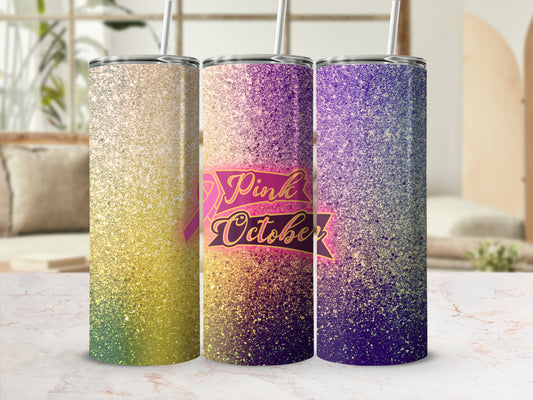 Three glitter tumblers, two with "Pink October" text and pink ribbon.