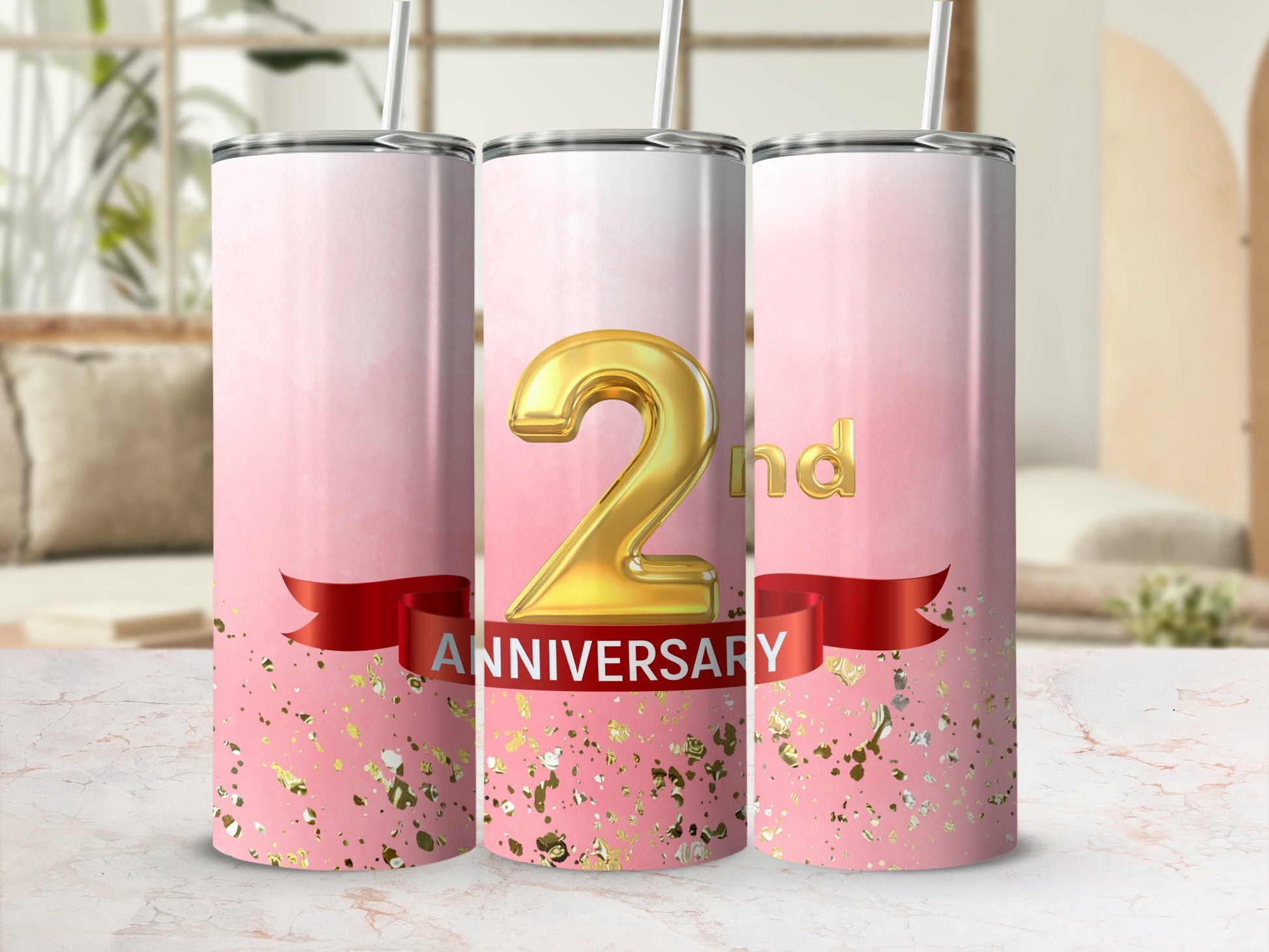 Pink gradient tumbler with gold "2nd Anniversary" text and confetti.