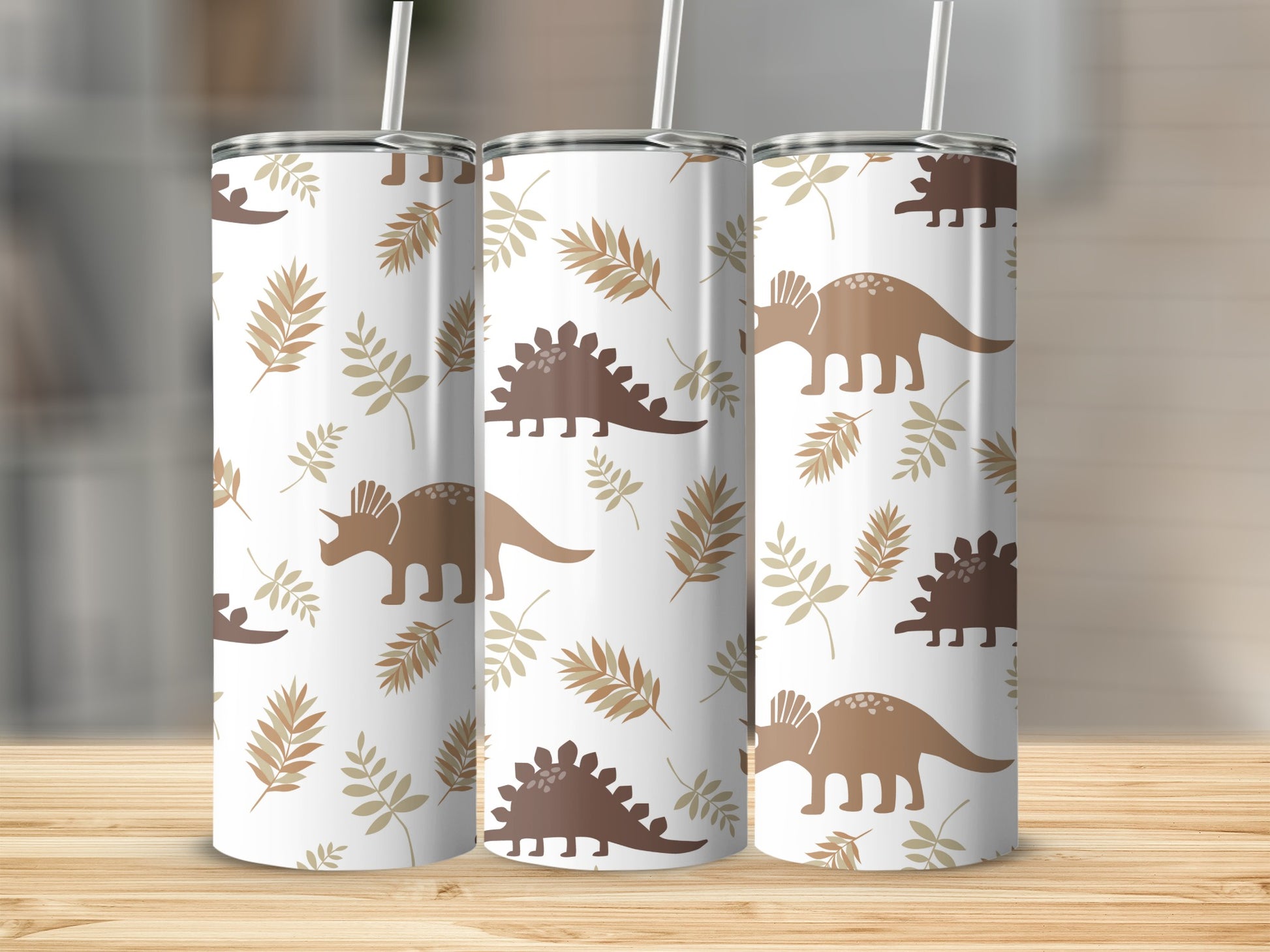 Dinosaur Design With Leaves Tall Tumbler Drinking Cup