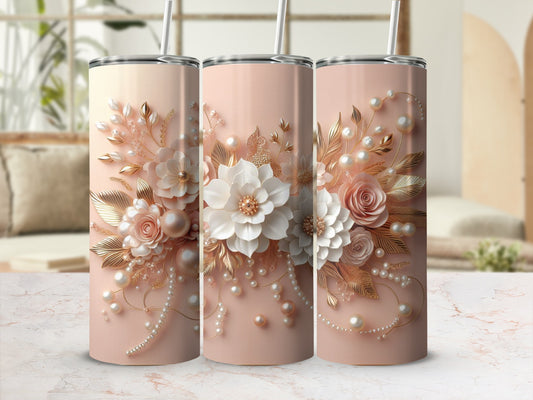 Three rose gold tumblers with delicate floral and pearl embellishments.