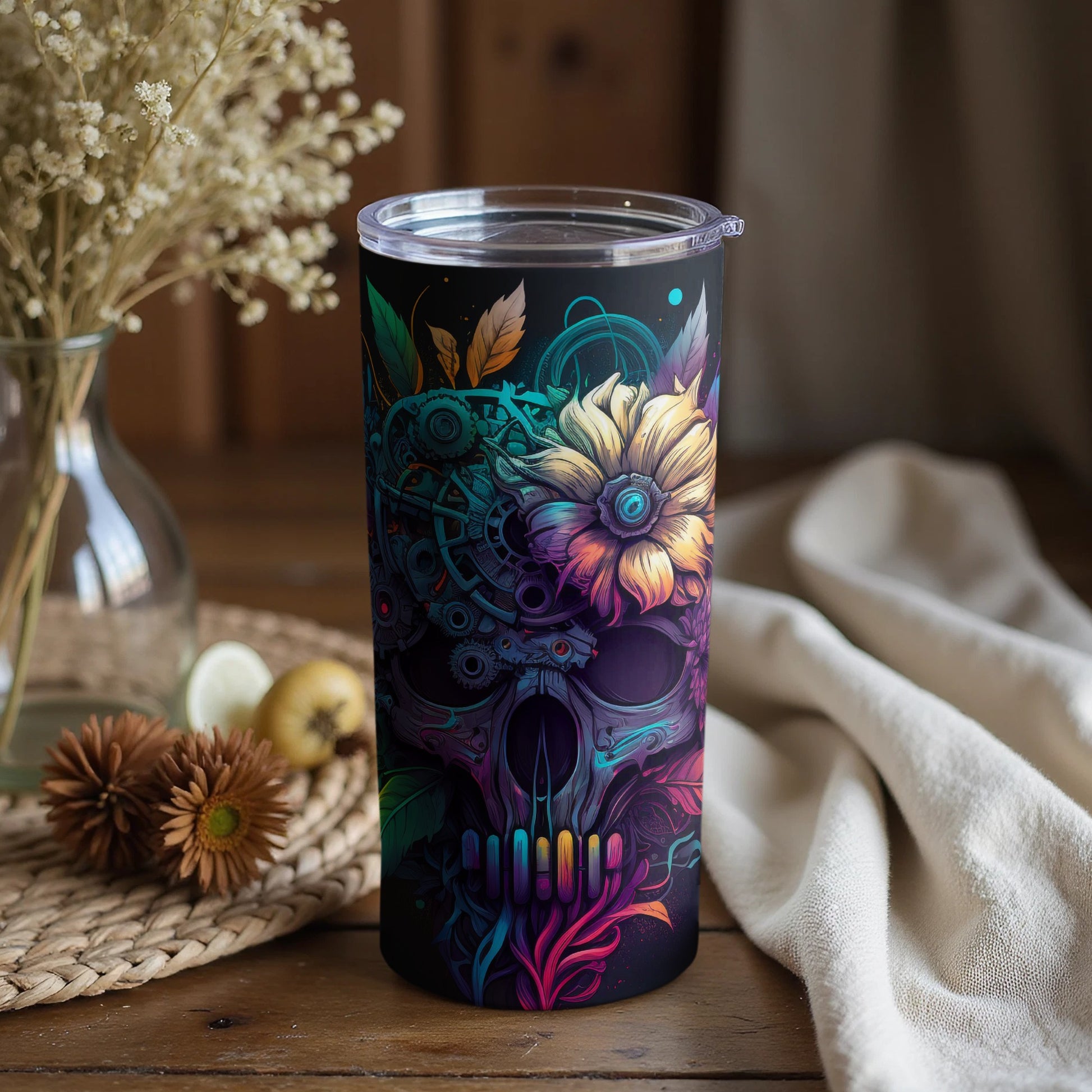 Floral Skull Art Insulated Tumbler for Hot and Cold Drinks