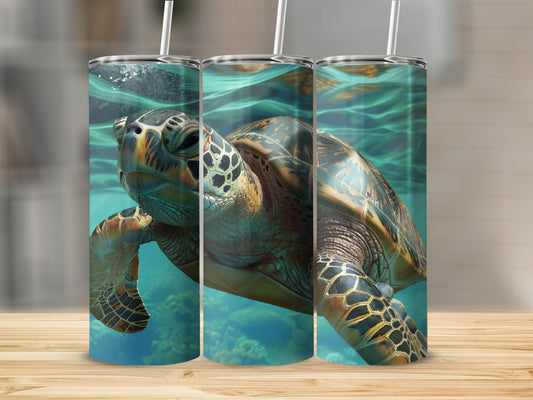 Sea turtle swims in clear ocean water, rendered on three tumblers.