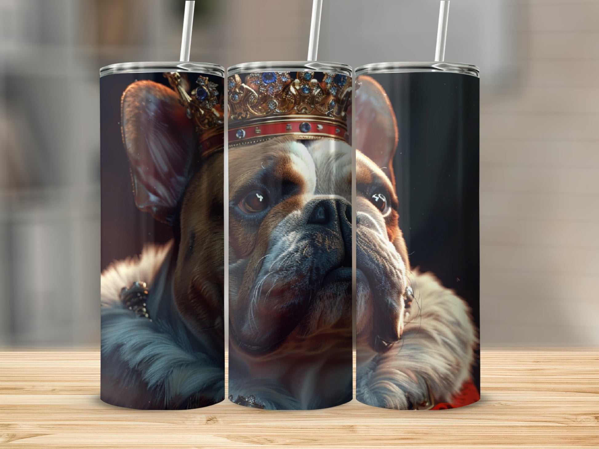 French bulldog wearing a crown and fur collar.