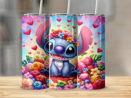 Stitch with hearts and yarn on a colorful, floral background.