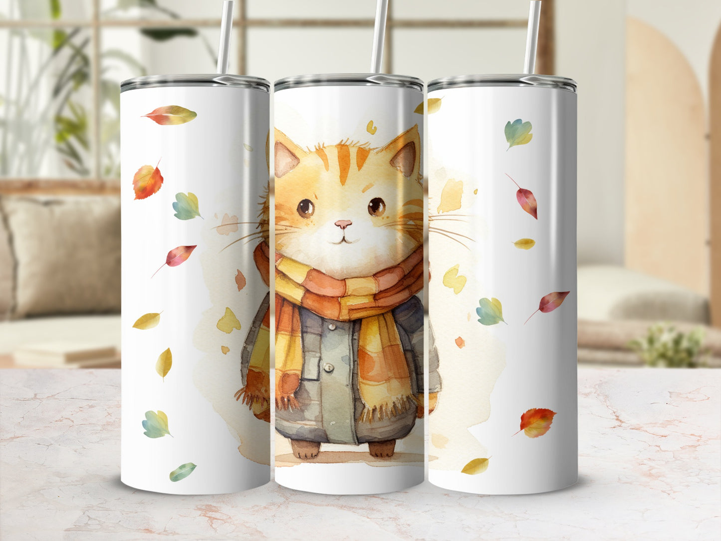 Three tall tumblers featuring a watercolor illustration of a cat in a scarf and coat.