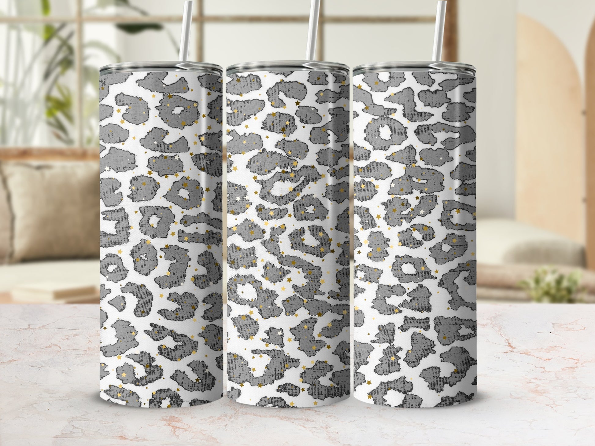 Modern Grey and White Leopard Print Tumbler Cup Product