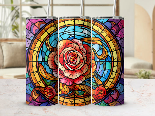 Three stained glass tumblers with a rose design.