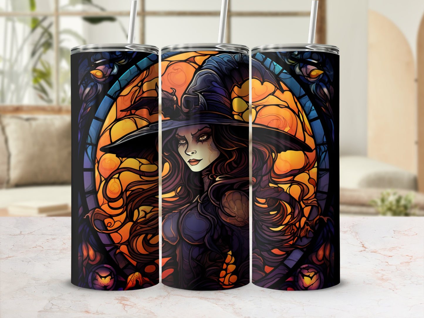 Witch with long, flowing hair and pointed hat framed by stained-glass background.