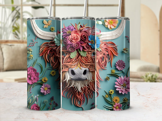 Highland cow with floral headdress on turquoise patterned tumbler.