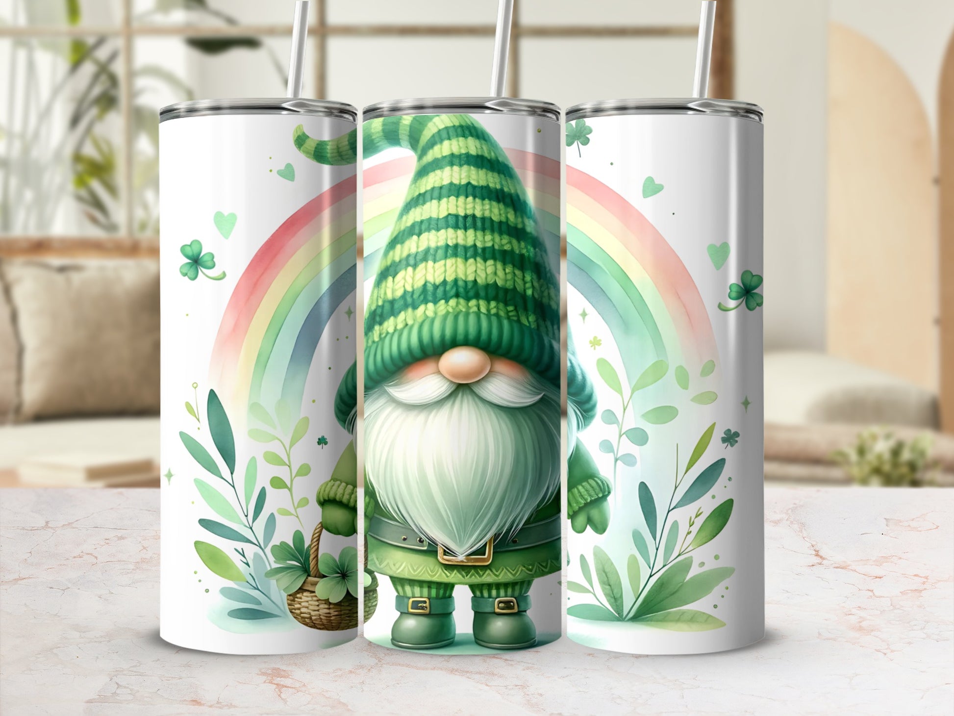 Three tumblers featuring a gnome and rainbow design.