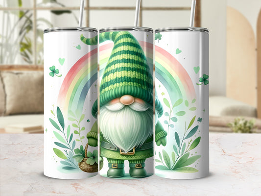 Three tumblers featuring a gnome and rainbow design.