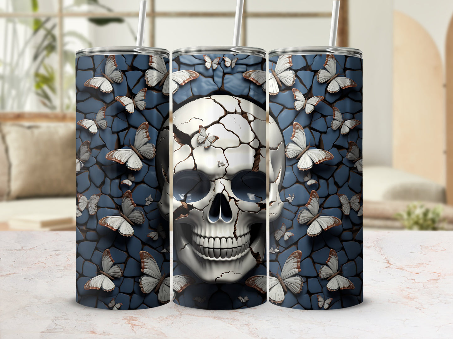 Cracked skull with butterflies on blue textured background, tumbler design.