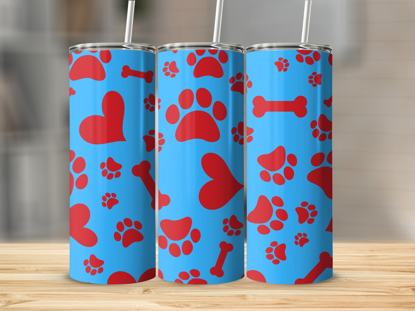 Blue Tumbler with Red Hearts and Paws Design Product