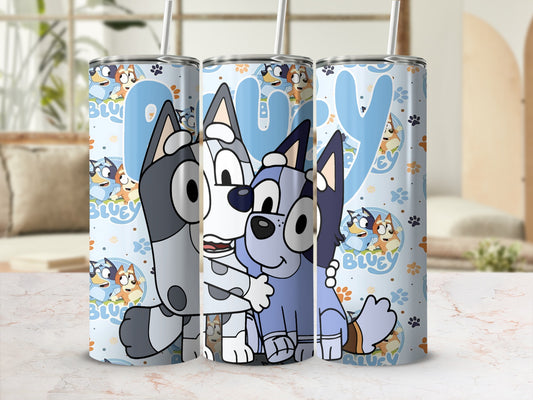 Bluey and Bingo characters on a blue patterned tumbler with straw.