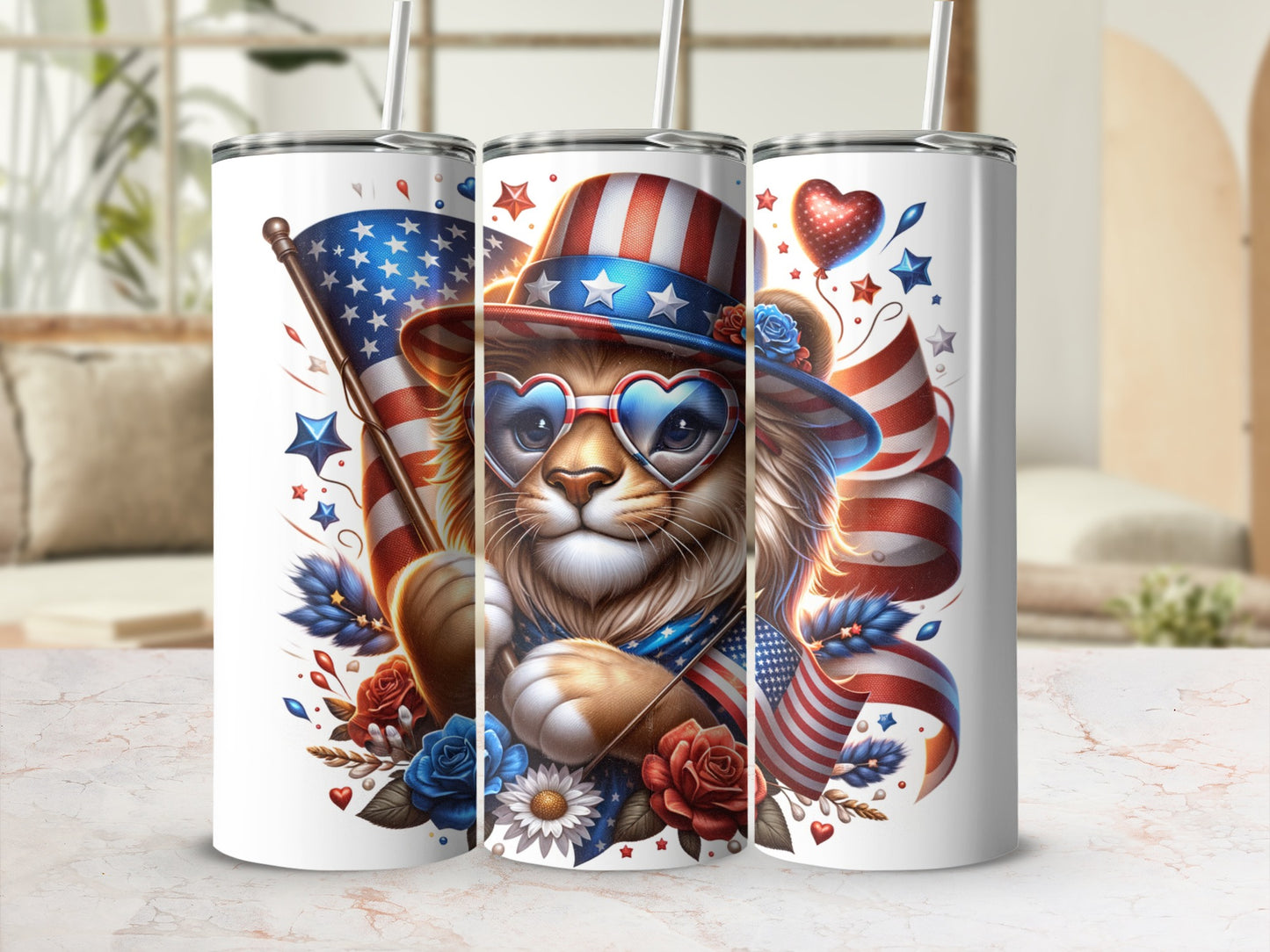 Lion wearing patriotic sunglasses and hat with American flags.