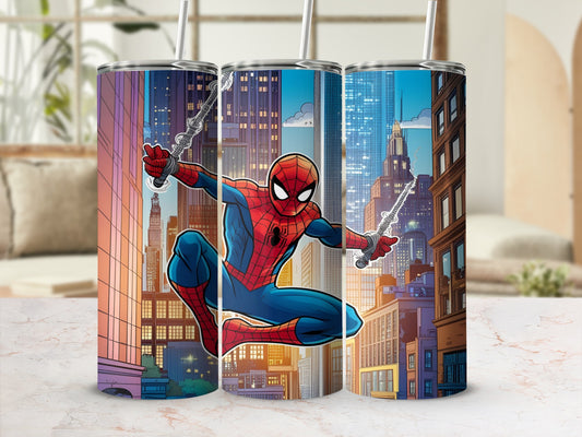 Spiderman in action against a cityscape, swinging from webs.