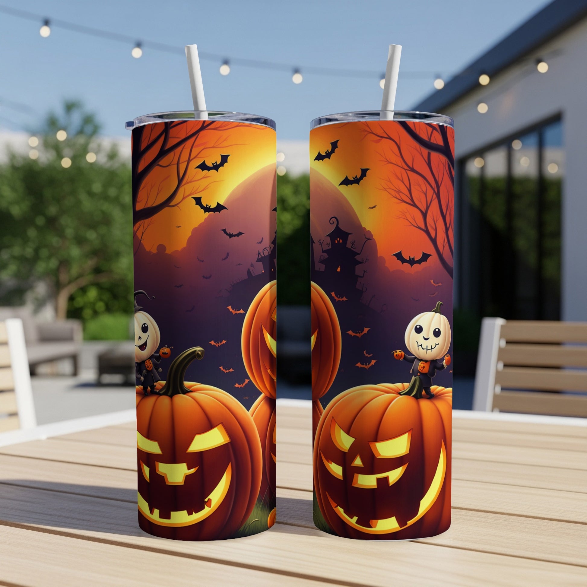 Two tumblers with a Halloween scene featuring pumpkins, bats, and a spooky house.