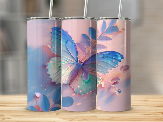 Three tumblers with iridescent butterfly and floral designs.