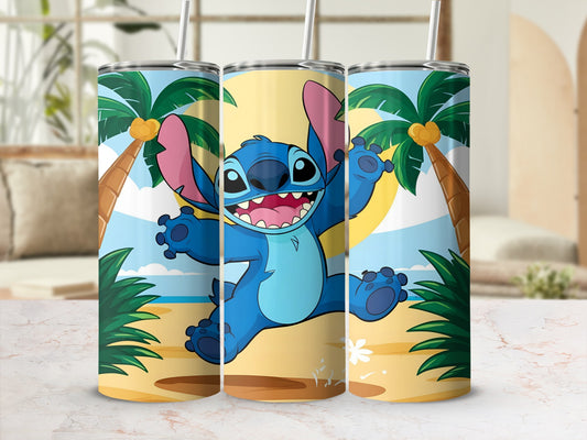 Triptych of Stitch character on beach with palm trees and sun.
