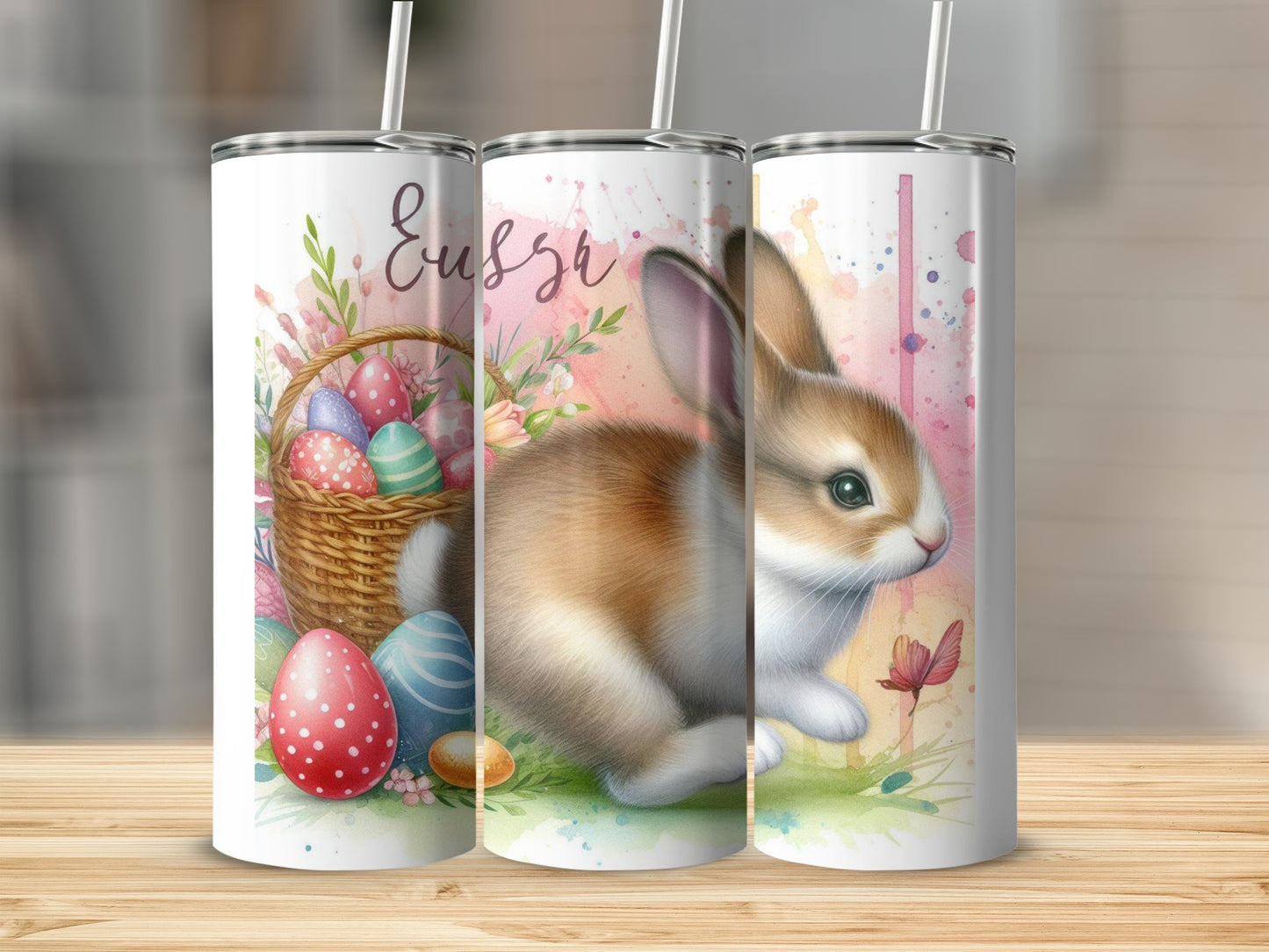 Easter bunny with basket of colorful eggs and flowers.