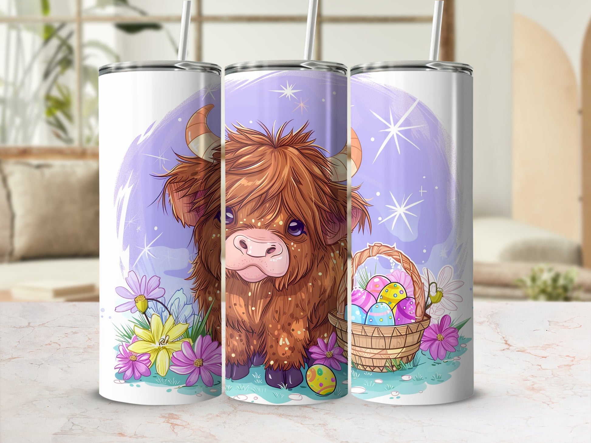 Adorable Highland Cow with Easter Eggs Tumbler Cup