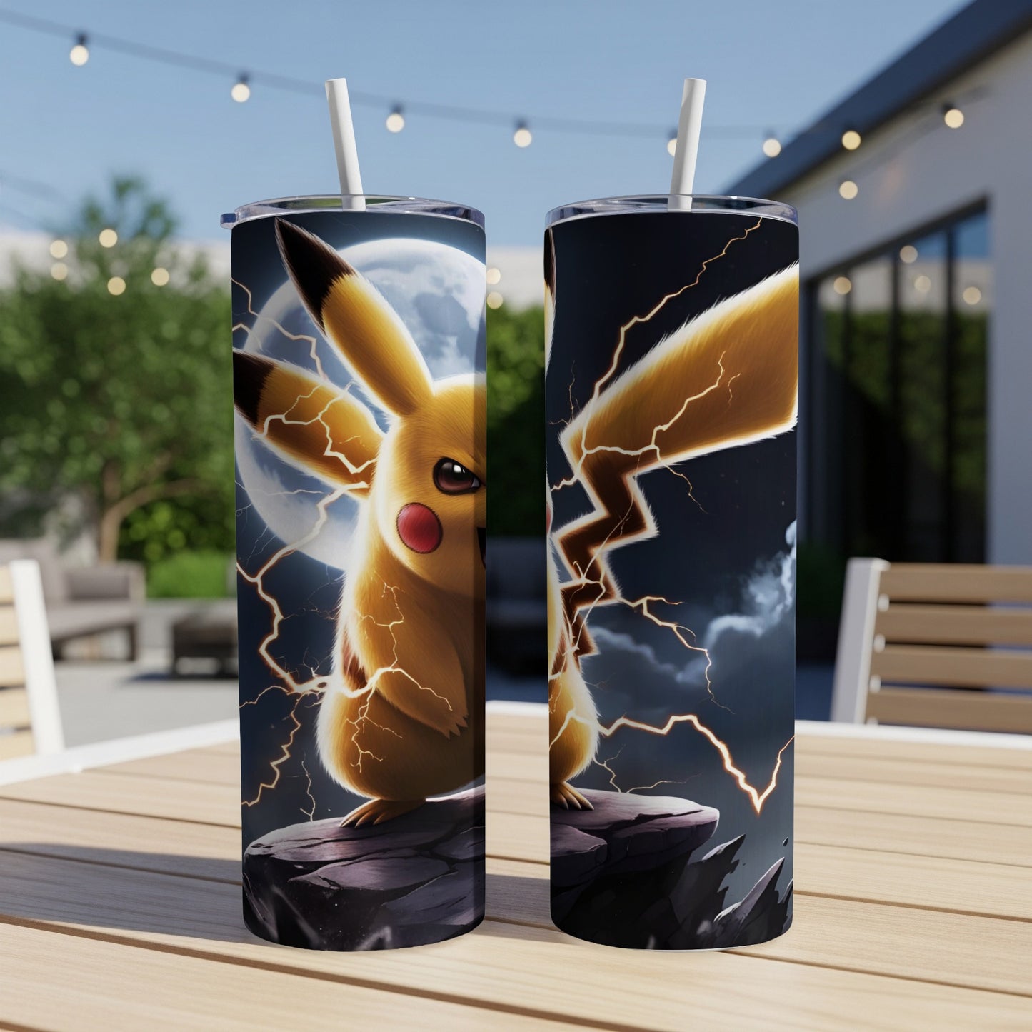 Pikachu illustration with lightning on a dual-sided tumbler.