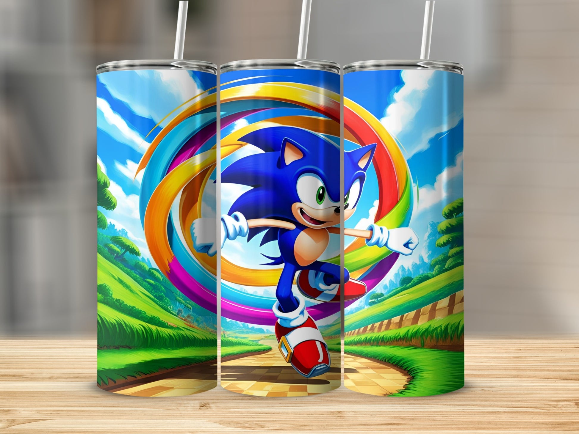 Sonic the Hedgehog running on a colorful rainbow track.