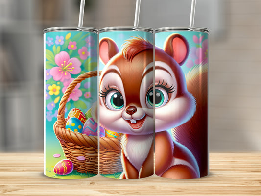 Cute cartoon squirrel peeking out from behind an Easter basket filled with colorful eggs.