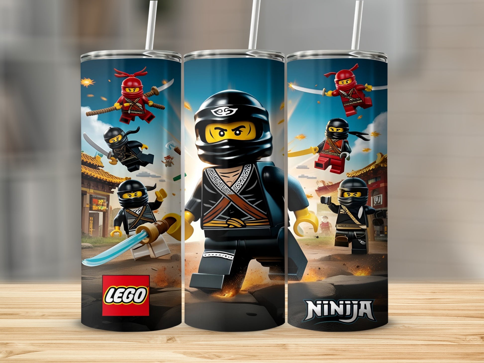 LEGO Ninjago characters with swords and nunchucks on a building background.