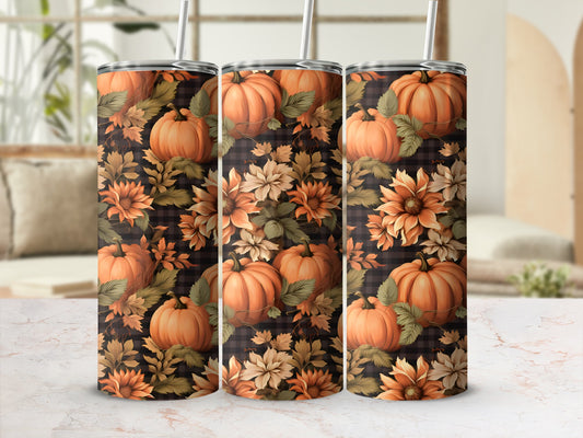 Tumbler with pumpkins, sunflowers, and plaid pattern.