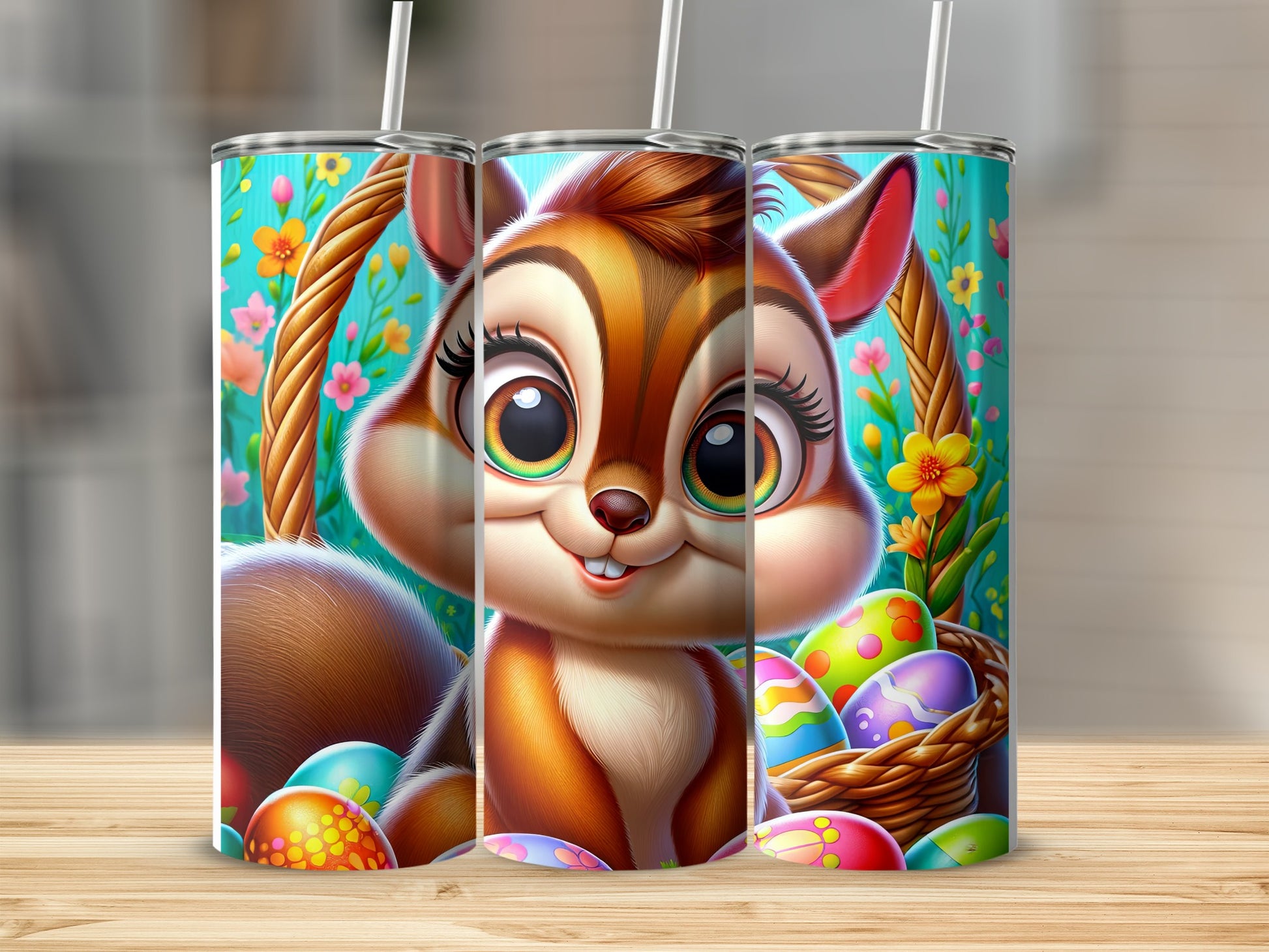 Cartoon squirrel with Easter eggs in a basket.