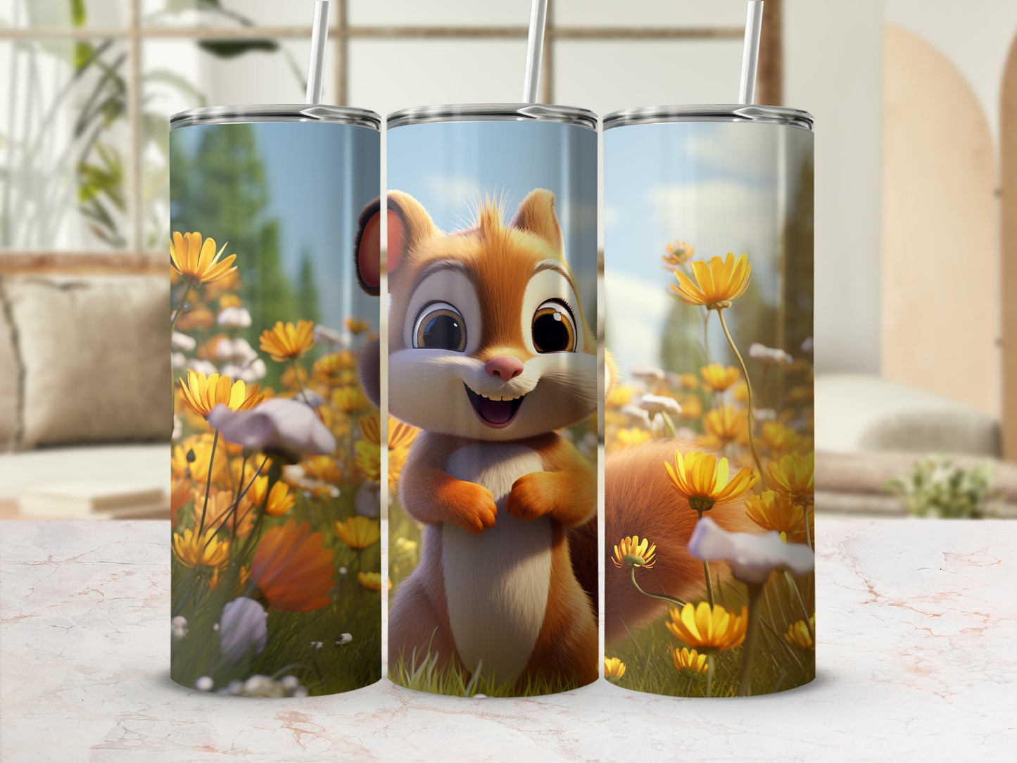 Cute Cartoon Squirrel in Yellow Flower Field Tumbler