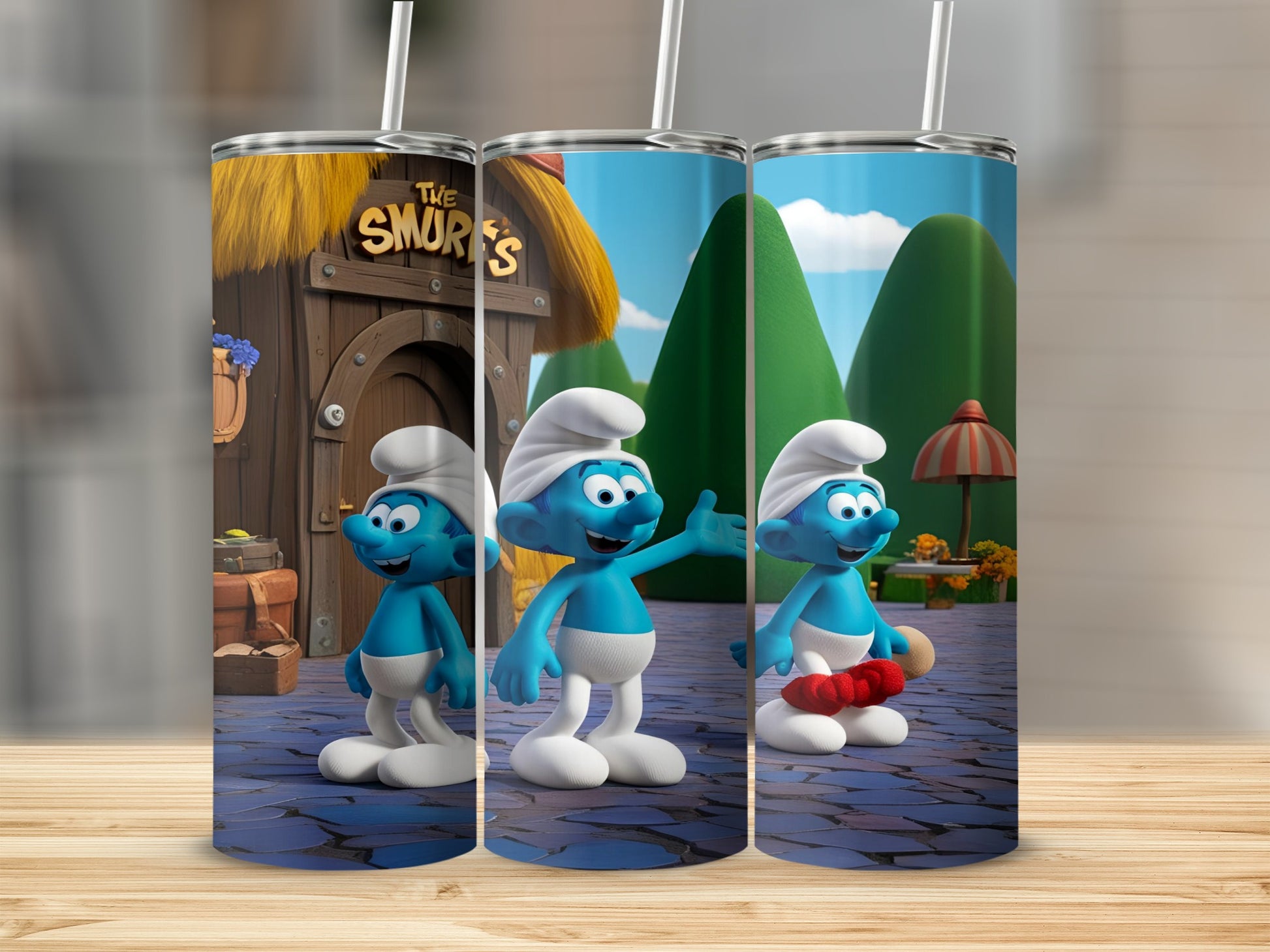 Three Smurfs standing in front of a Smurf house, one holding a red mushroom.