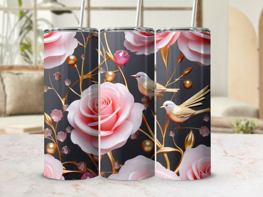 Pink roses and gold birds on a dark floral tumbler.